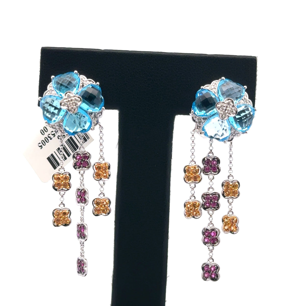 14k White Gold 10.00CT Multi Color Stones Flower dangle Earrings, 11.1gm S101486