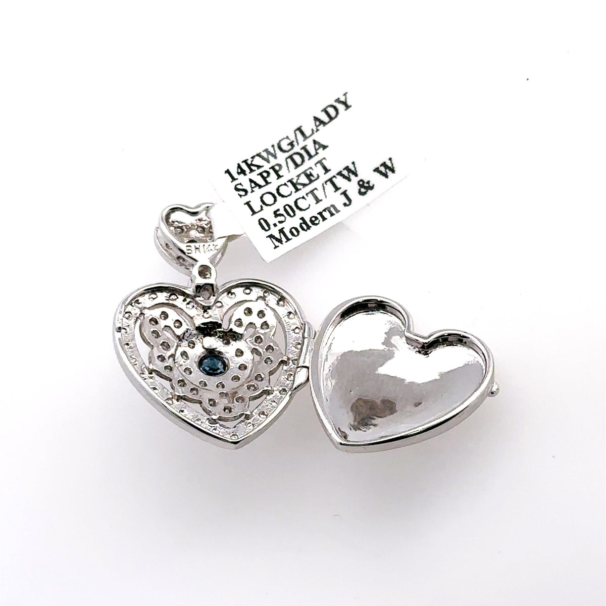 14k White Gold 0.50ct Diamond & Sapphire Ladies heart Shaped Locked