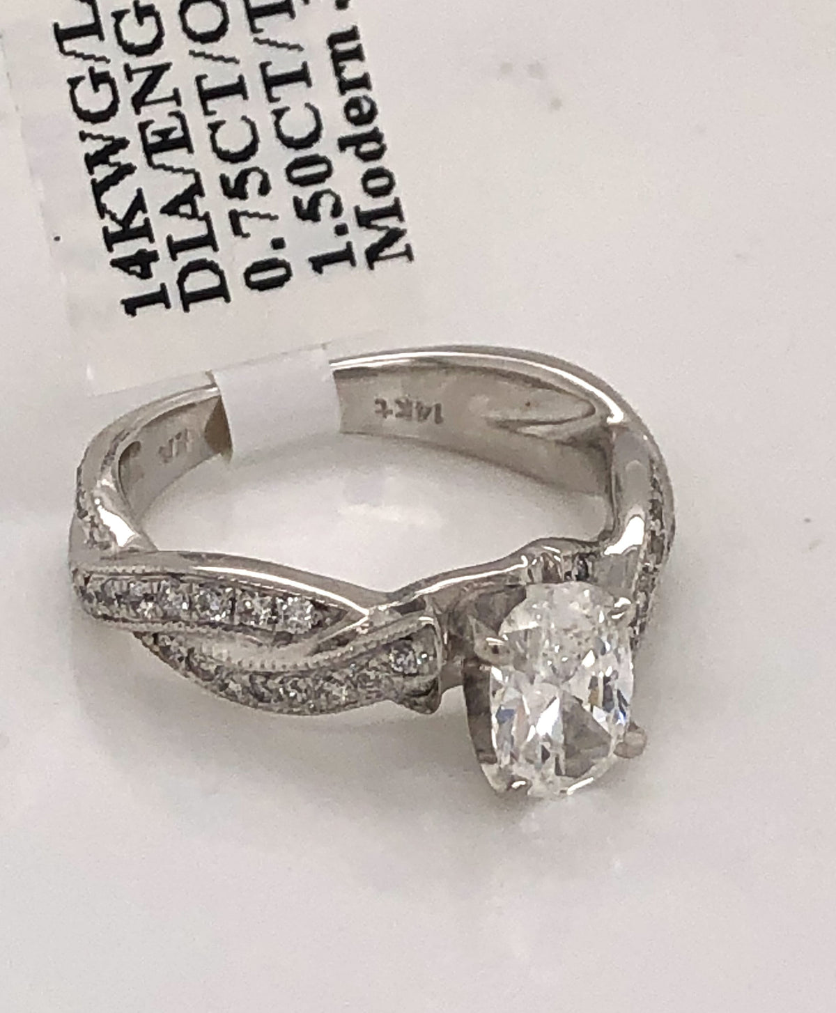 14k White Gold 1.50 CT Diamond Oval Engagement Ring, Size 4,5
