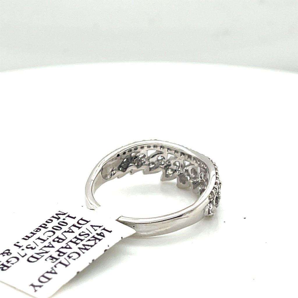 14k White Gold 1.00 CT Diamond V Shaped  Band, 3.7gm Size 6