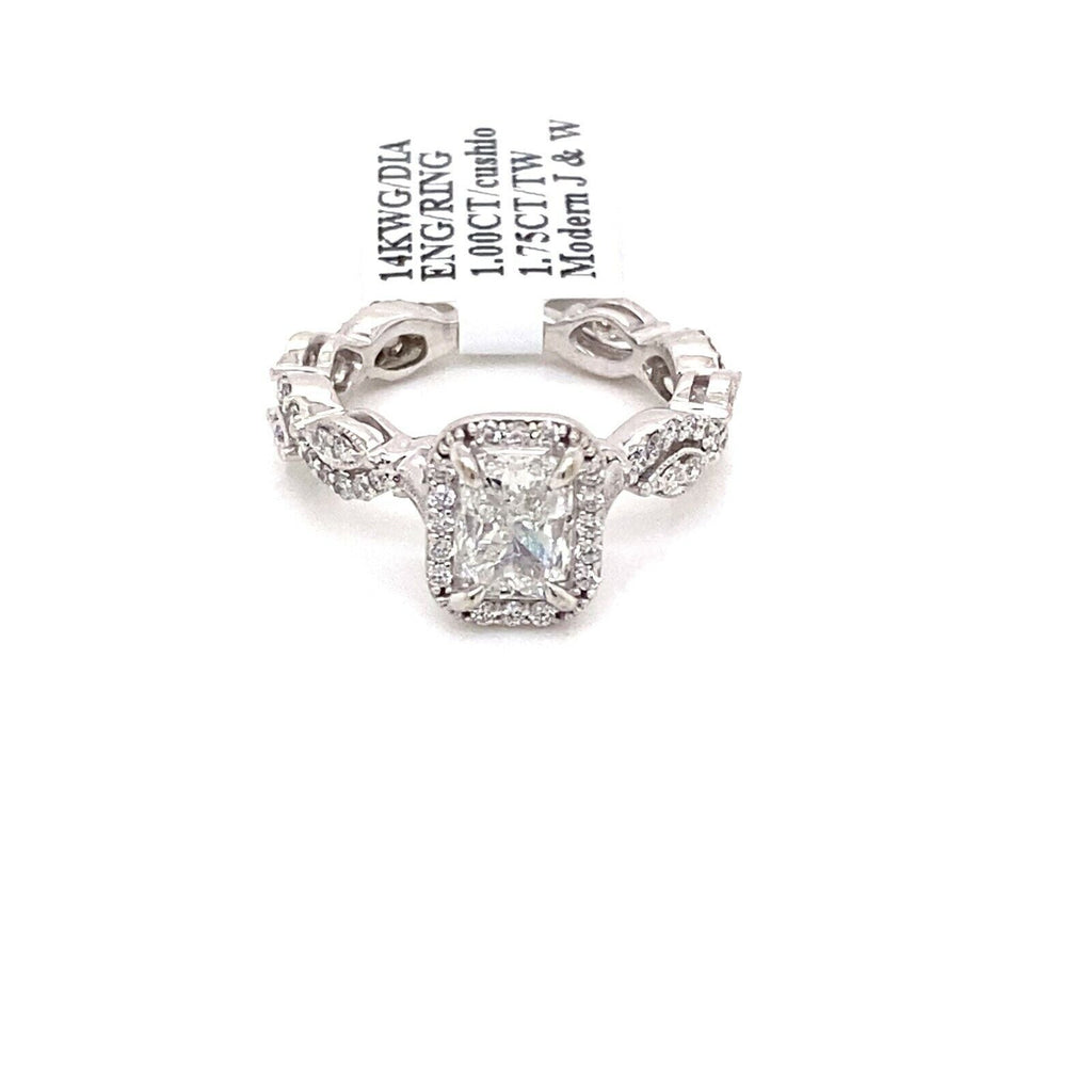 14k White Gold 1.75 Ct Diamond Cushion Cut Engagement Ring, Size 5.5