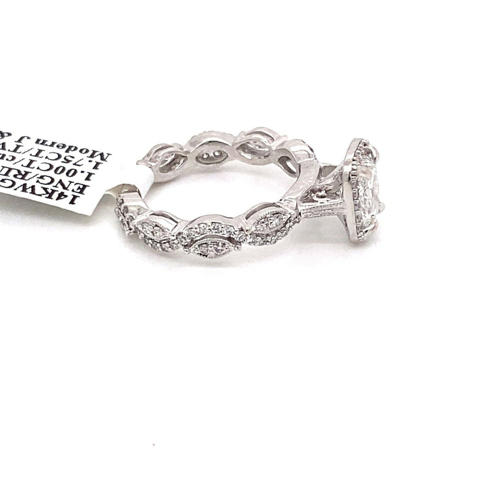 14k White Gold 1.75 Ct Diamond Cushion Cut Engagement Ring, Size 5.5