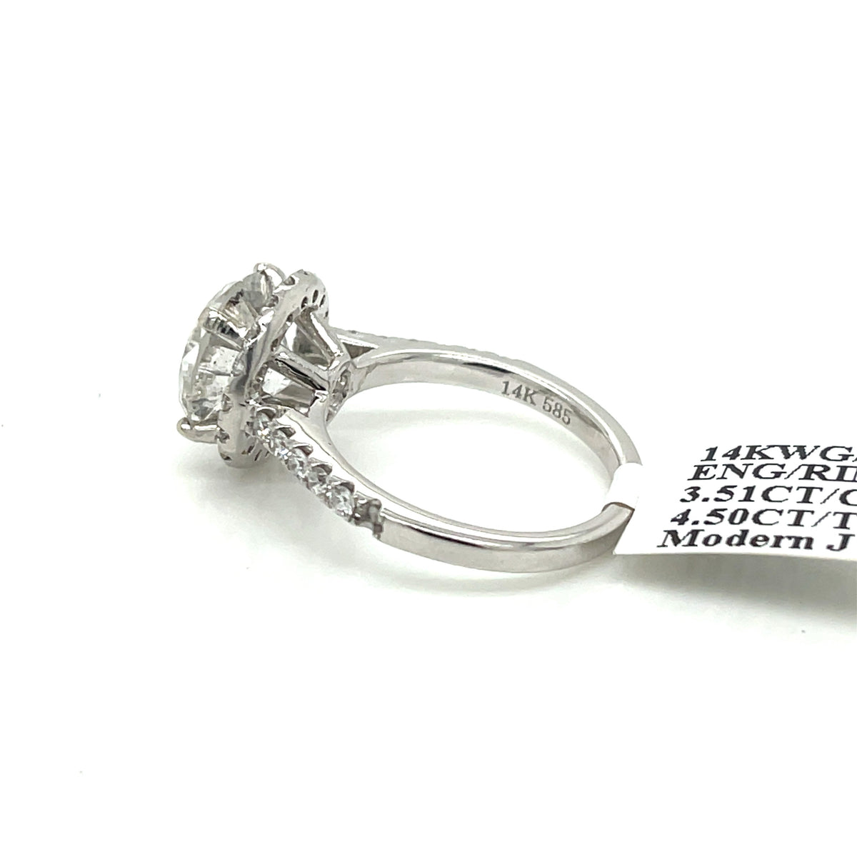 14k White Gold 4.50 CT Diamond Halo Engagement Ring, 4.4gm, Size 6,