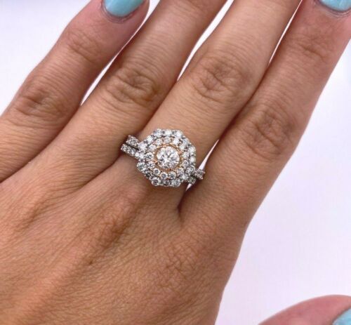 14k Two Tone Gold 1.75 CT Diamond Halo Engagement Ring Set, 5.1gm Size 7