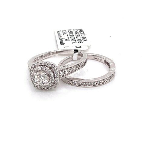 14k White Gold 1.50 CT Diamond Halo Engagement Ring Set, 6.3gm, Size 7