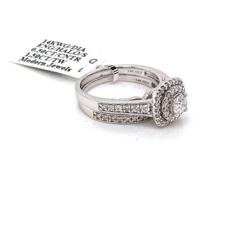 14k White Gold 1.50 CT Diamond Halo Engagement Ring Set, 6.3gm, Size 7