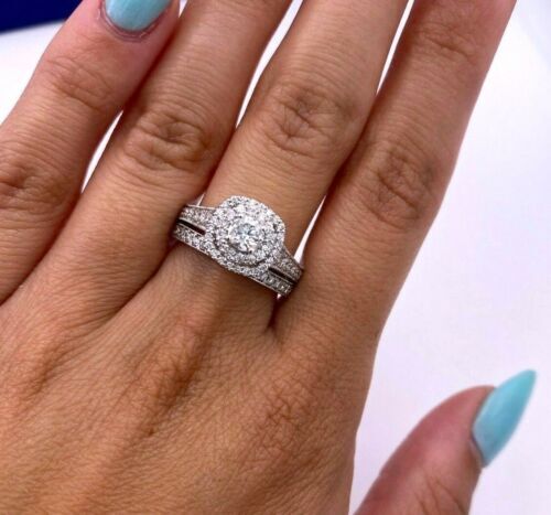 14k White Gold 1.50 CT Diamond Halo Engagement Ring Set, 6.3gm, Size 7