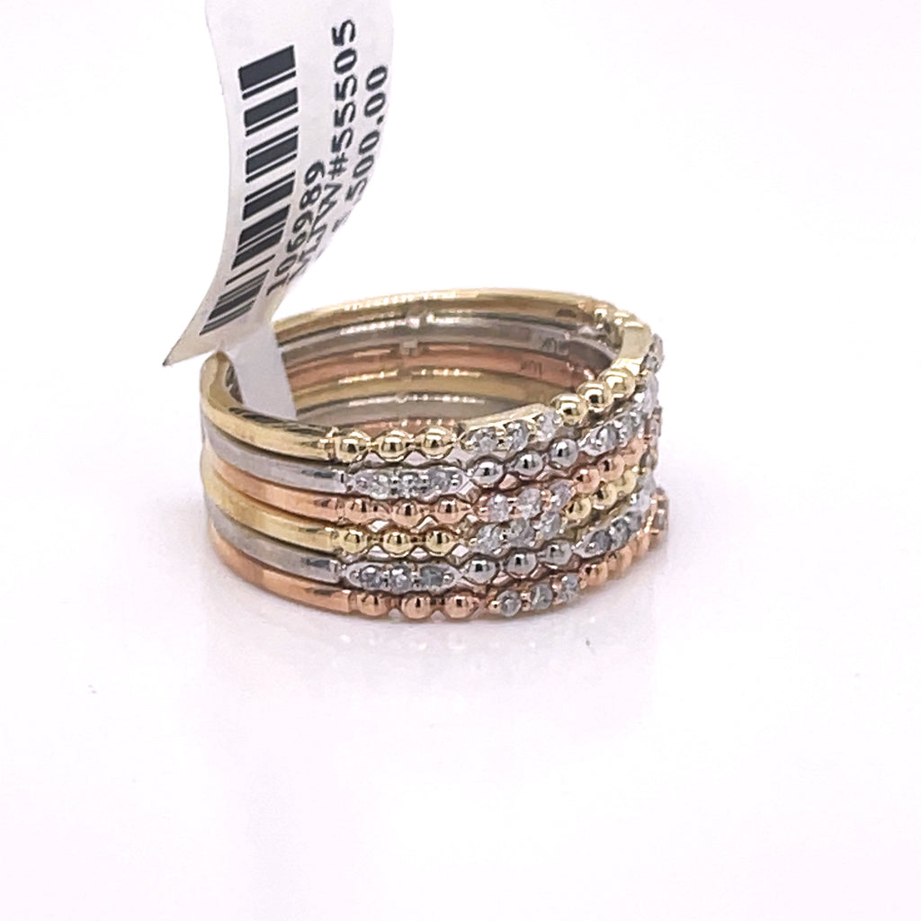Fancy Stackable 10k Tri-Color Gold 0.50 CT Diamond Ladies Ring 6.1gm, 6.75Size