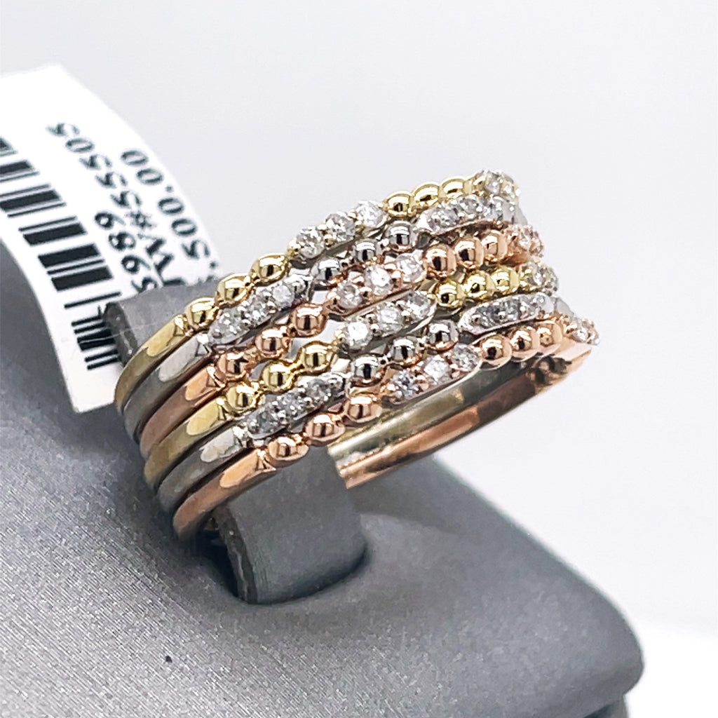 Fancy Stackable 10k Tri-Color Gold 0.50 CT Diamond Ladies Ring 6.1gm, 6.75Size