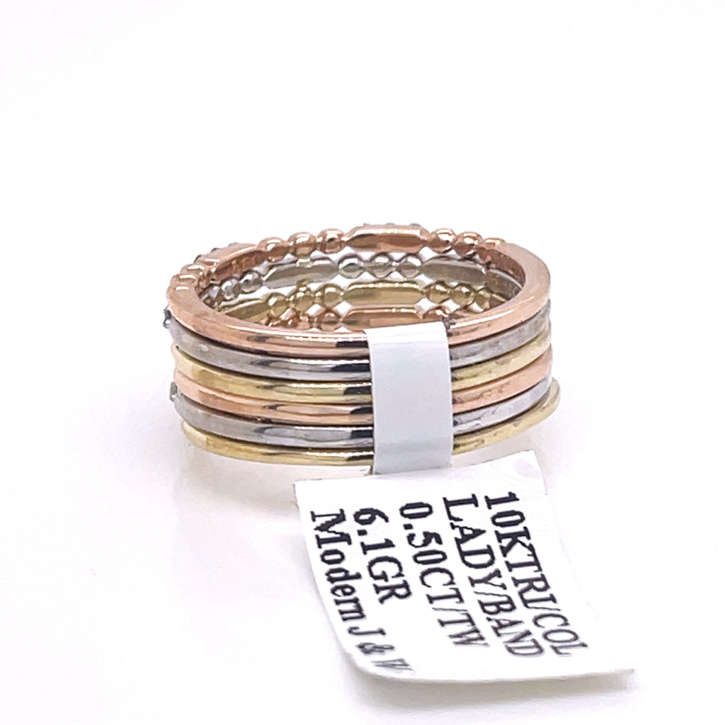 Fancy Stackable 10k Tri-Color Gold 0.50 CT Diamond Ladies Ring 6.1gm, 6.75Size