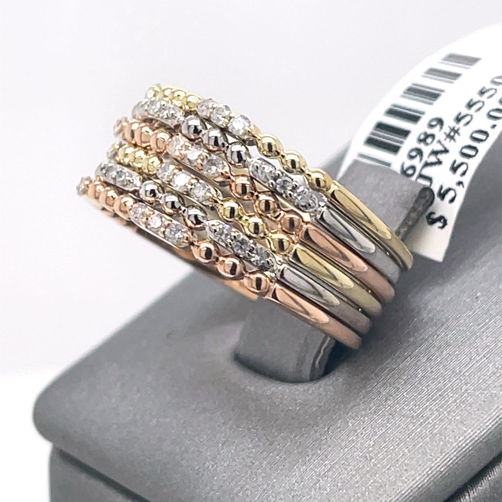Fancy Stackable 10k Tri-Color Gold 0.50 CT Diamond Ladies Ring 6.1gm, 6.75Size