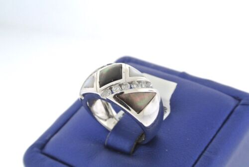 14K WHITE GOLD TAHITIAN BLACK & WHITE MOTHER OF PEARL & DIAMOND LADIES RING