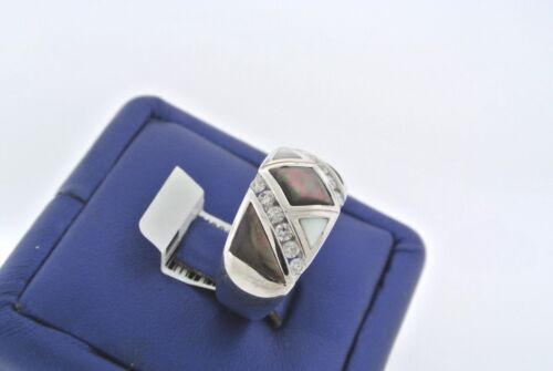 14K WHITE GOLD TAHITIAN BLACK & WHITE MOTHER OF PEARL & DIAMOND LADIES RING