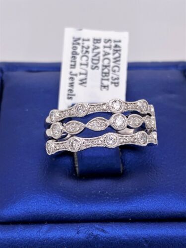 14k White Gold 1.25 CT Diamond Stackable Bands, 6.1g, Size 6.75
