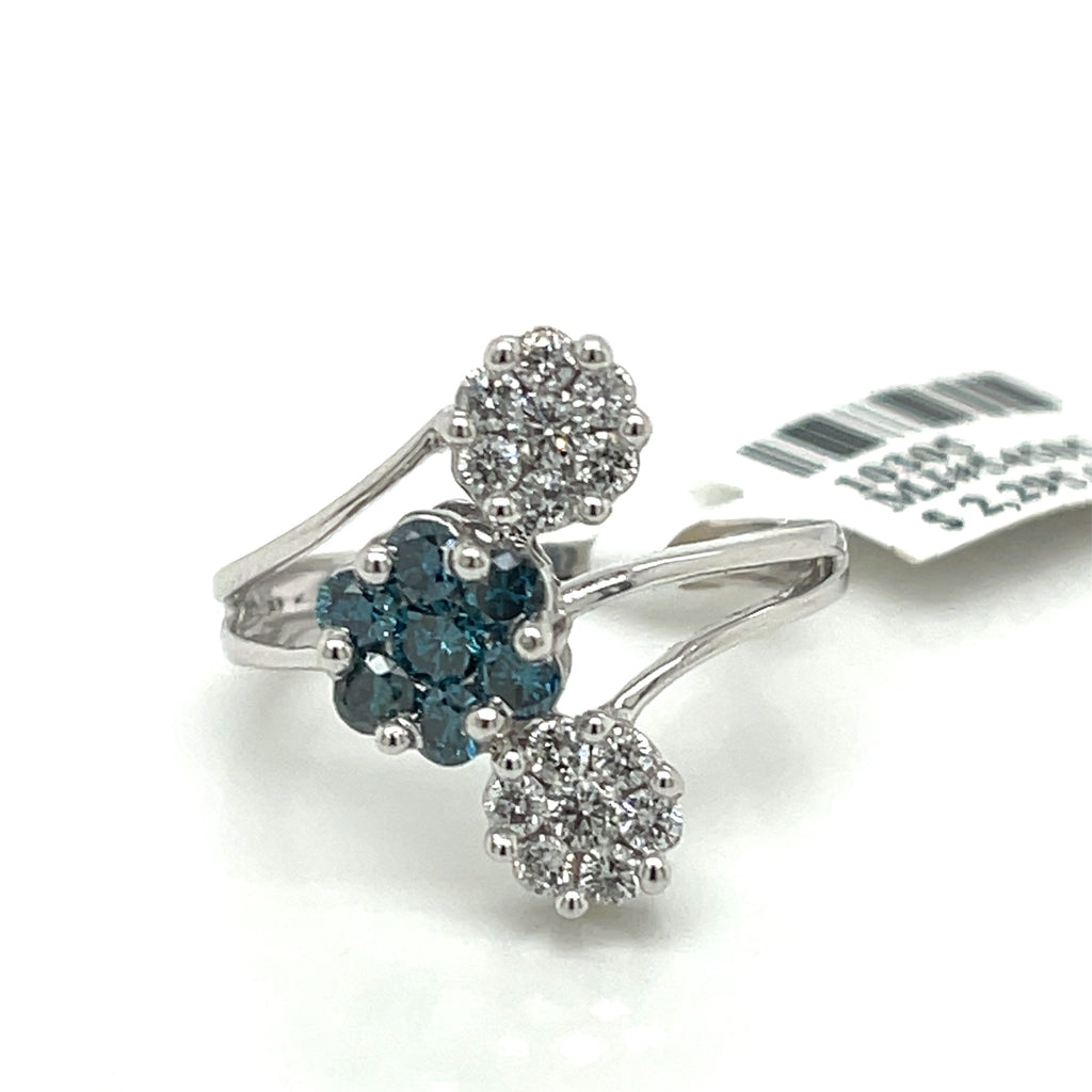 14K White Gold 1.25 CT Blue & White Diamond Ring, 4.2gm, Size 6.25
