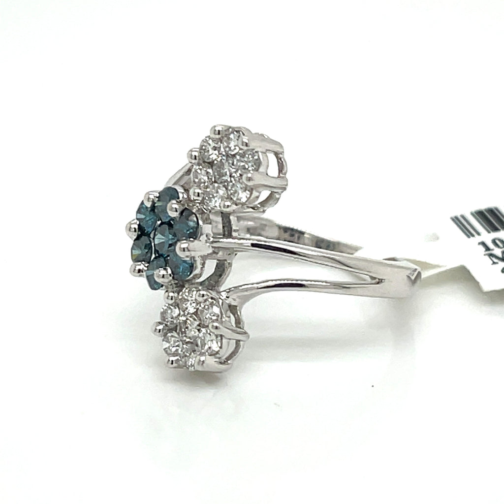 14K White Gold 1.25 CT Blue & White Diamond Ring, 4.2gm, Size 6.25