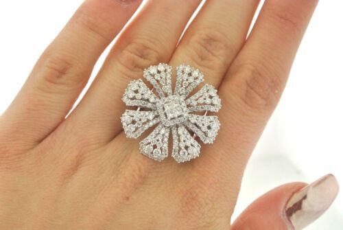Cocktail Flower Design 18k White Gold 5.00 CT Diamond Ring, 14gm, Size 7