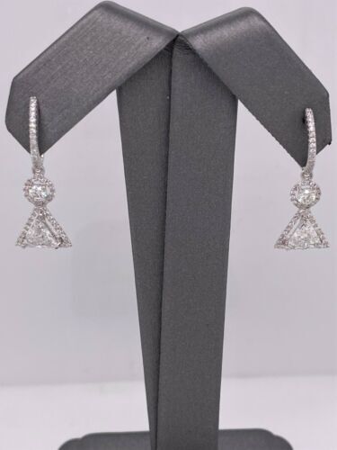 14k White Gold 3.00 CT Trillion Diamond Drop / Dangling Earrings, 2.9g