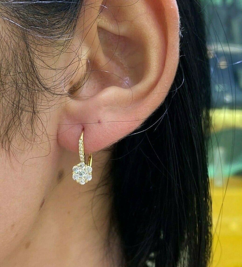 18k Yellow Gold 1.00 CT Diamond Cluster Drop Style Earrings, 1.7gm