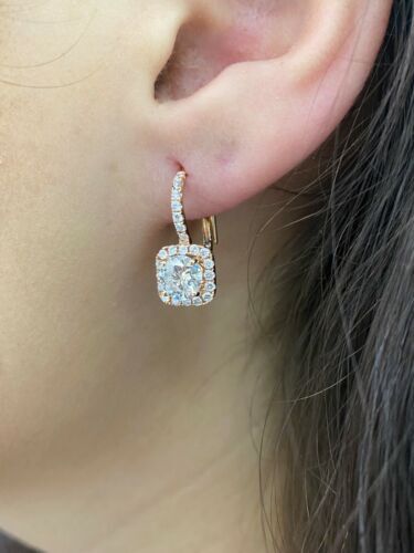 14k Rose Gold 2.75 CT Diamond Drop Lever Back Earrings, 3g