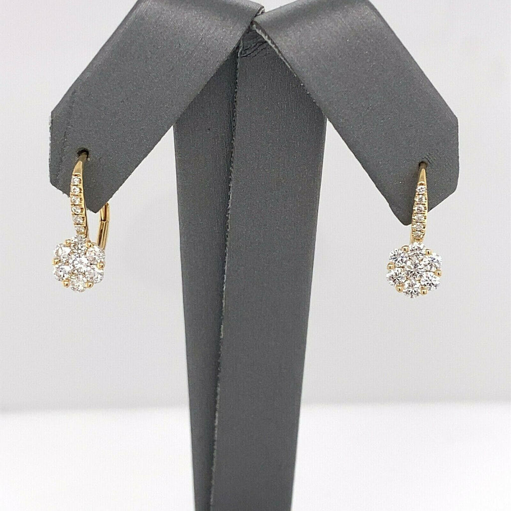 18k Yellow Gold 1.00 CT Diamond Cluster Drop Style Earrings, 1.7gm