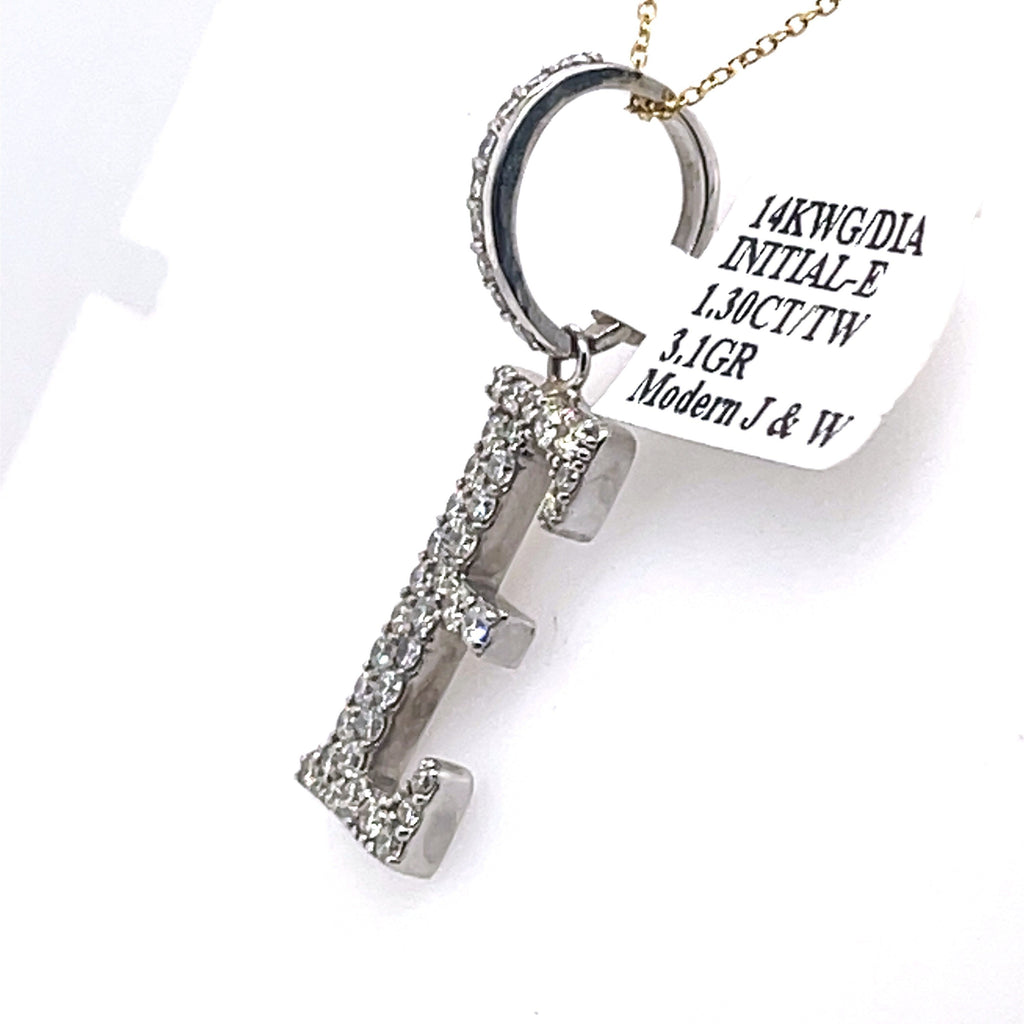 14K White Gold 1.30Ct Round Diamond Initial E Pendant 1.41", 3.1G,