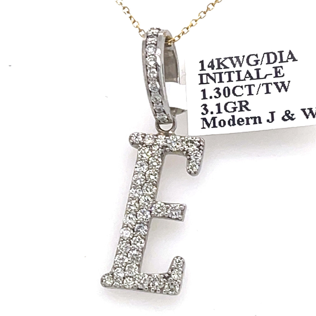 14K White Gold 1.30Ct Round Diamond Initial E Pendant 1.41", 3.1G,