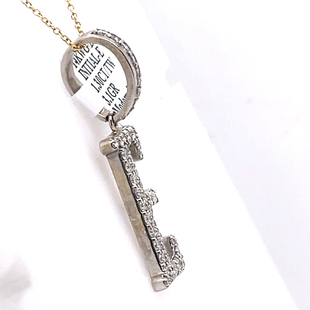 14K White Gold 1.30Ct Round Diamond Initial E Pendant 1.41", 3.1G,
