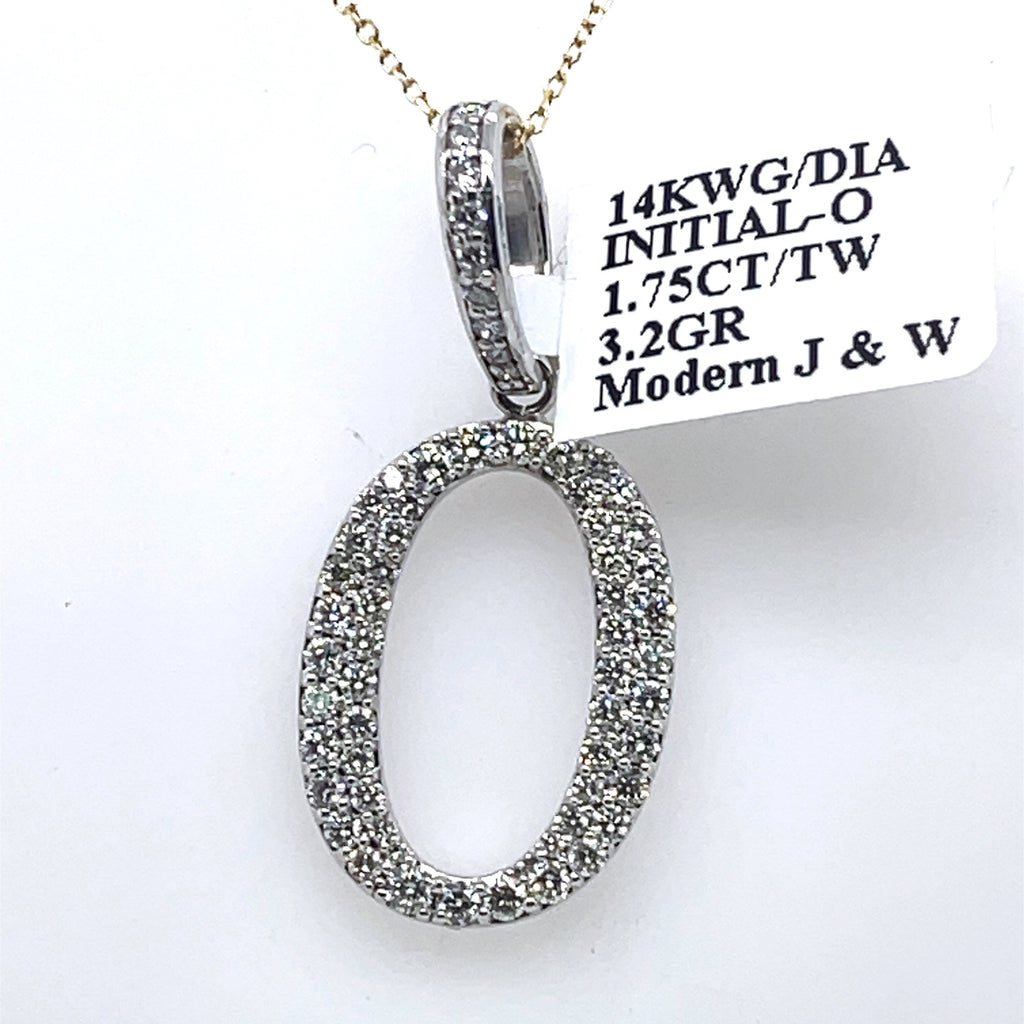 14K White Gold 1.75Ct Round Diamond Initial O Pendant 1.34", 3.2G