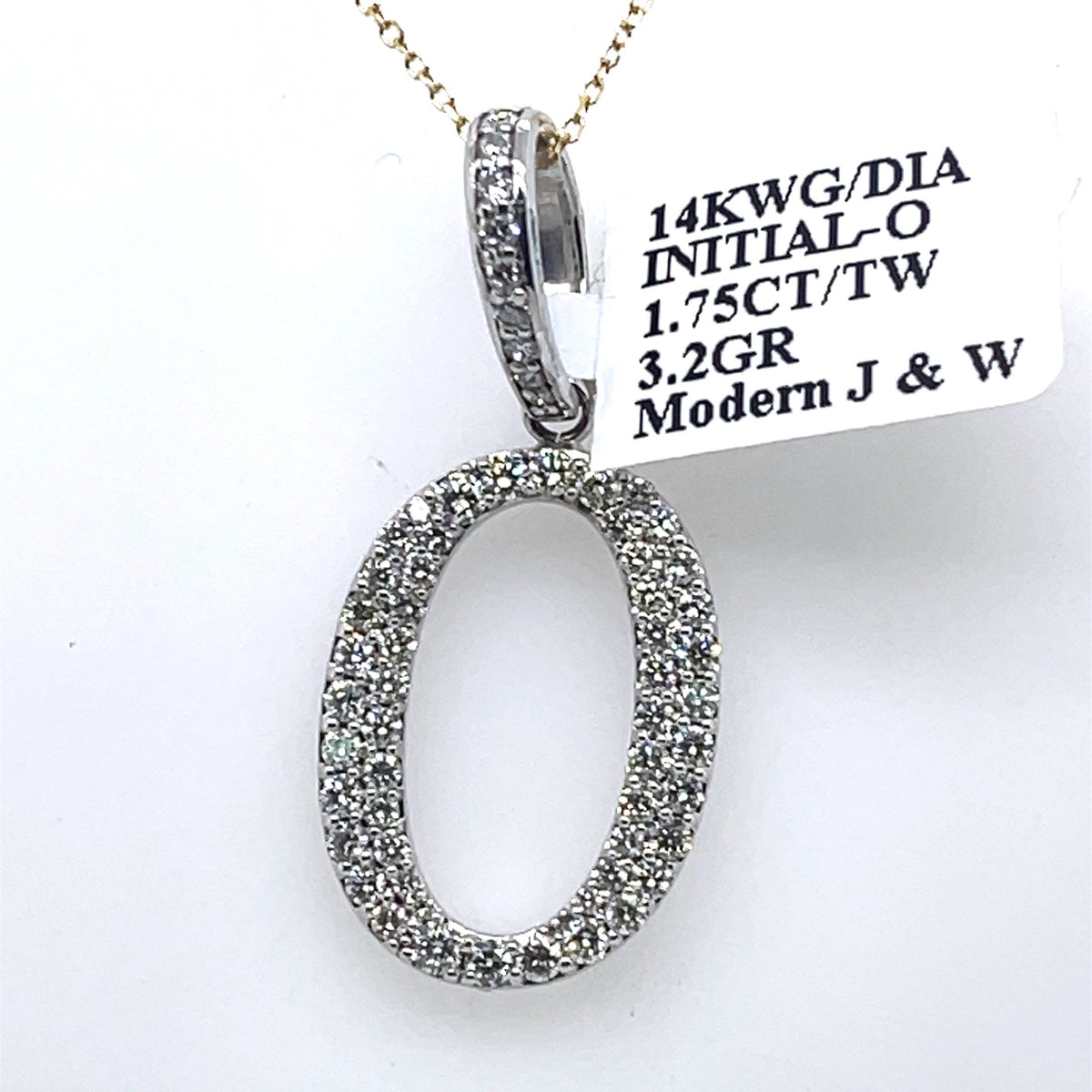 14K White Gold 1.75Ct Round Diamond Initial O Pendant 1.34", 3.2G
