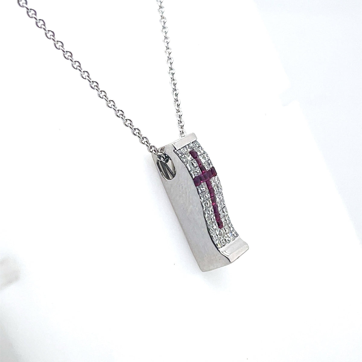 14K White Gold 0.50Ct Ruby Cross Diamond Pendant Necklace", 7.9G, S107309