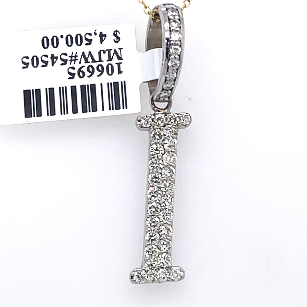 14K White Gold 1.10Ct Round Diamond Initial I Pendant 1.34", 2.4G,