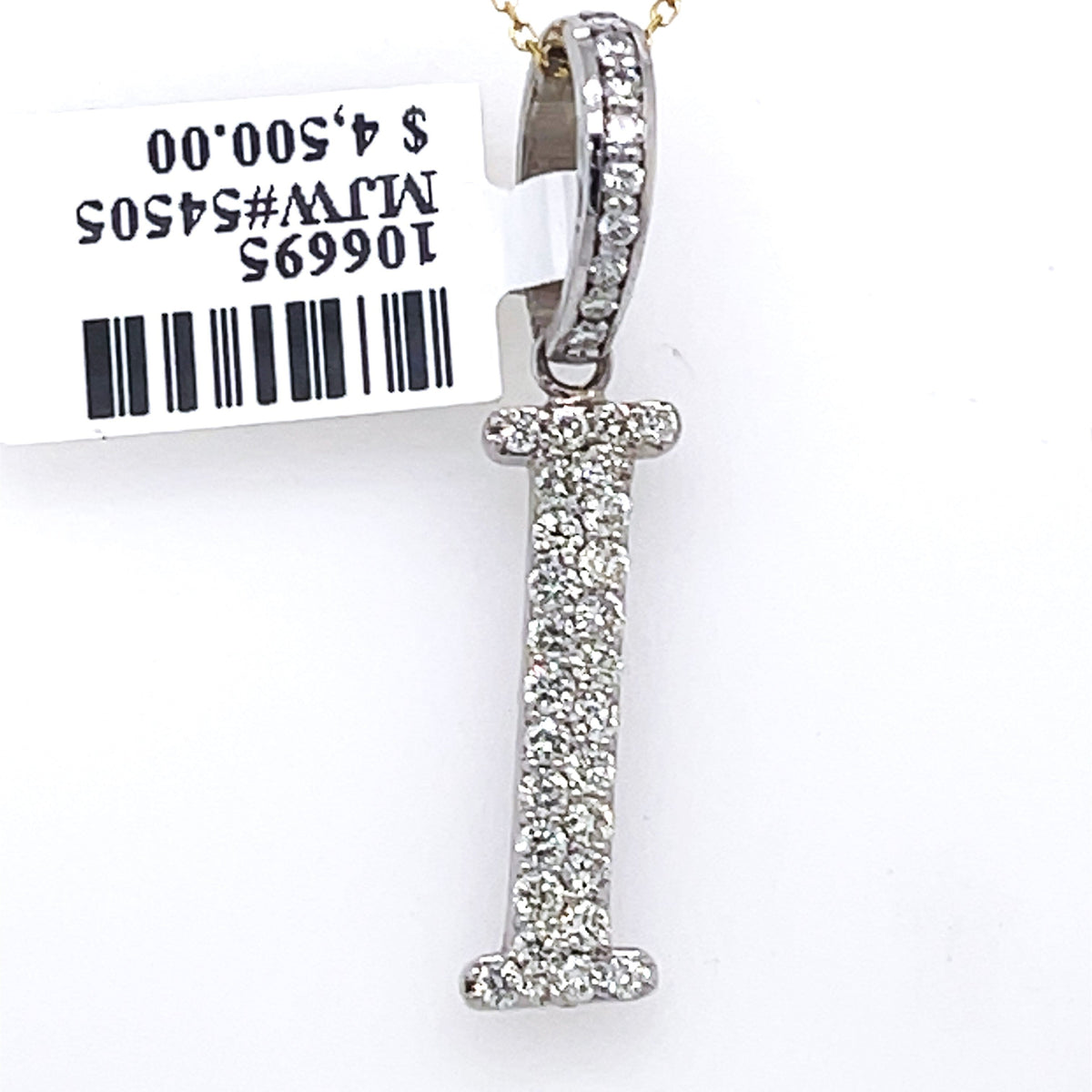 14K White Gold 1.10Ct Round Diamond Initial I Pendant 1.34", 2.4G,