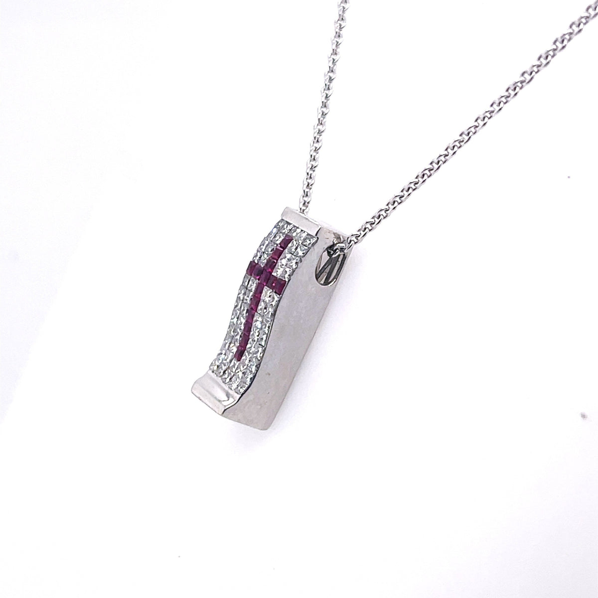 14K White Gold 0.50Ct Ruby Cross Diamond Pendant Necklace", 7.9G, S107309