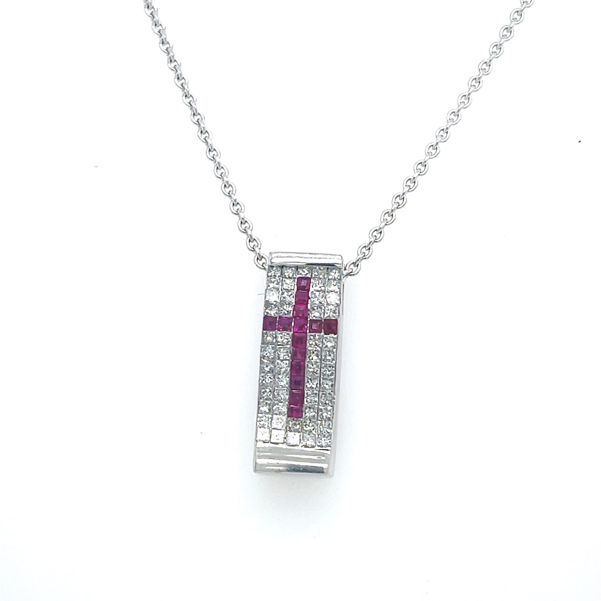 14K White Gold 0.50Ct Ruby Cross Diamond Pendant Necklace", 7.9G, S107309