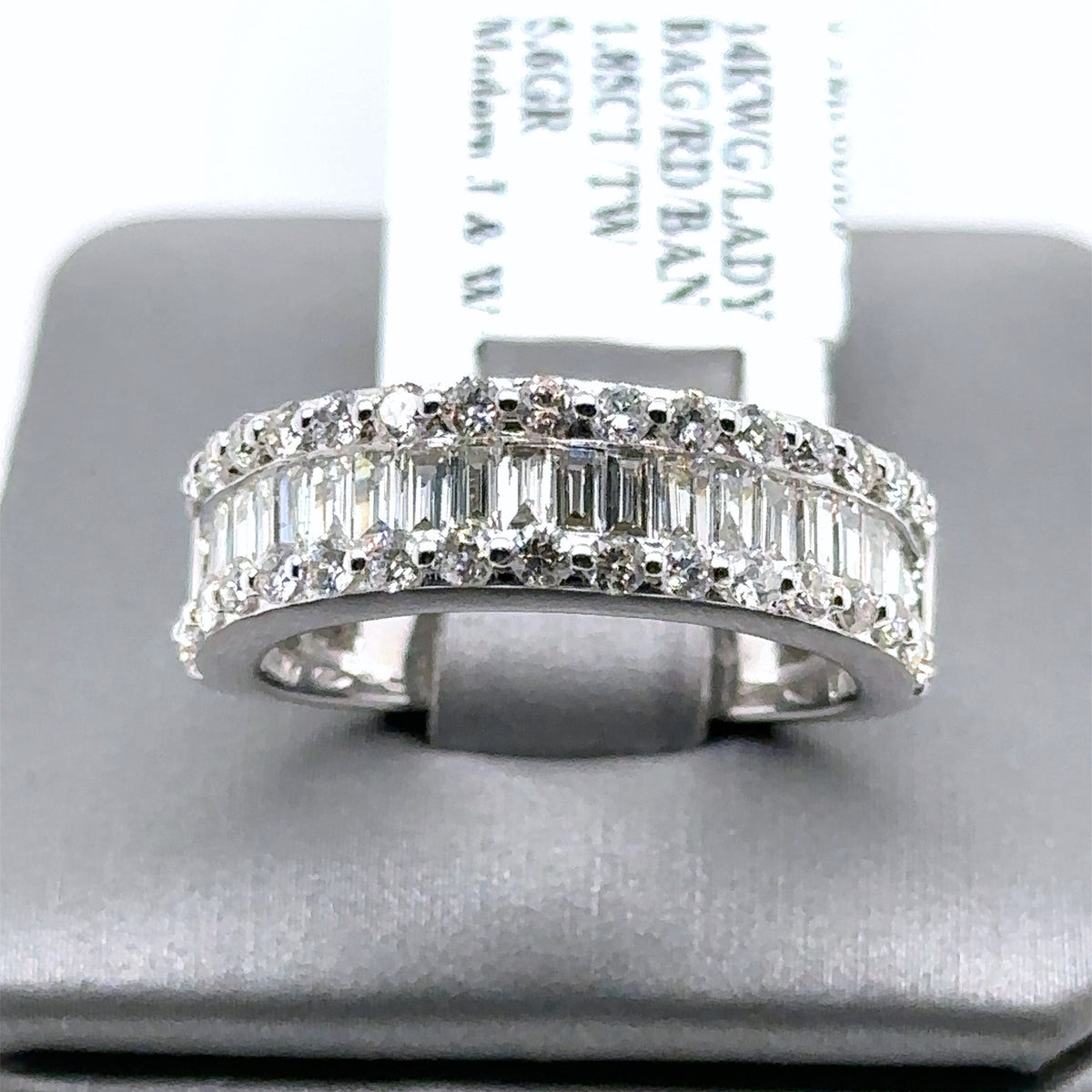 14k White Gold 1.85CT Baguette & Round Diamond Ring, 5.6gm, size 7.25