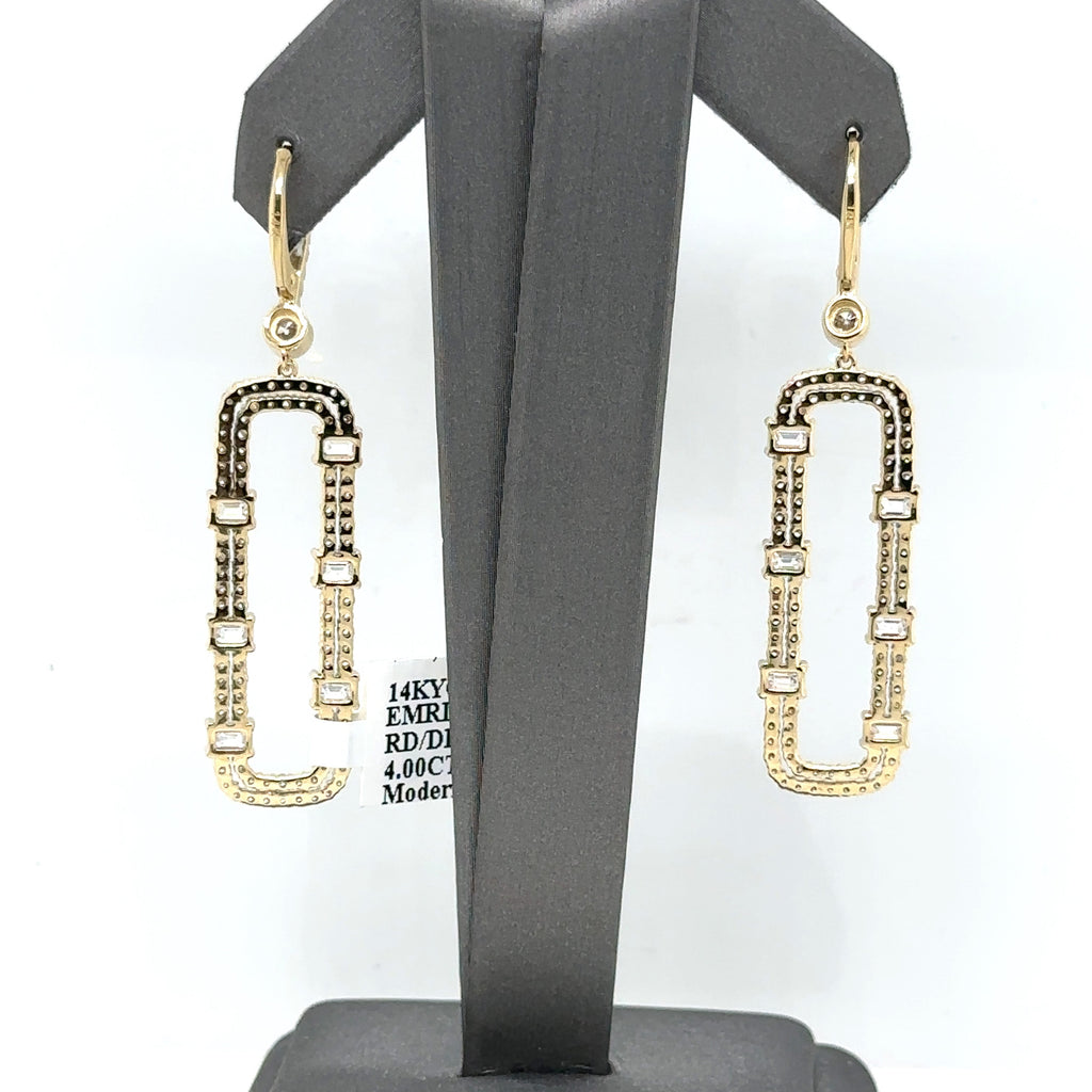 14k Yellow Gold 4.00CT Emerald & Round Cut Diamond Drop Earrings, 7.9g