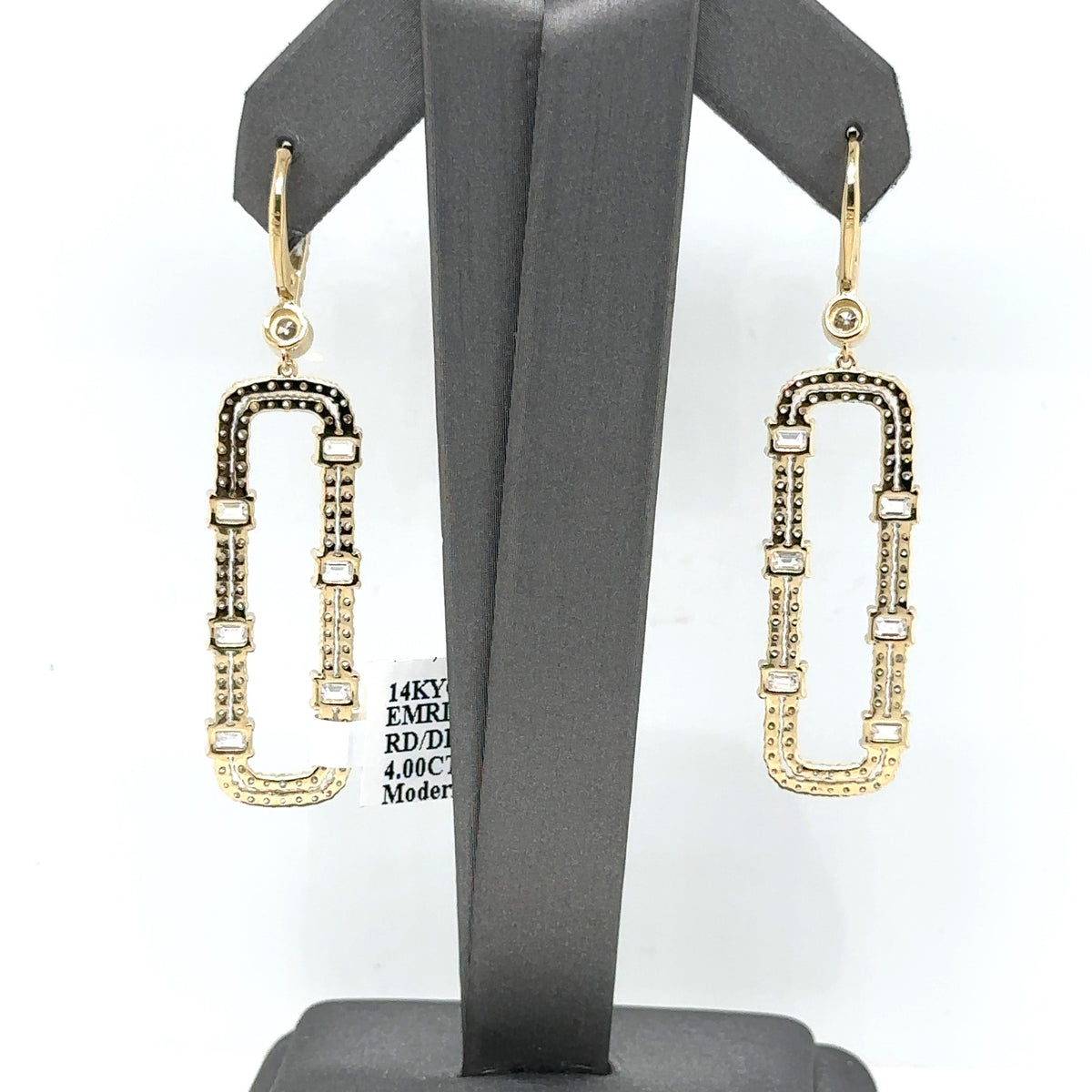 14k Yellow Gold 4.00CT Emerald & Round Cut Diamond Drop Earrings, 7.9g