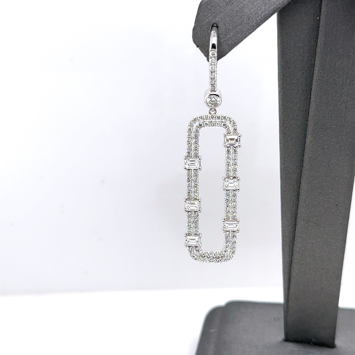 14k White Gold 4.00CT Emerald & Round Cut Diamond Drop Earrings, 7.9g
