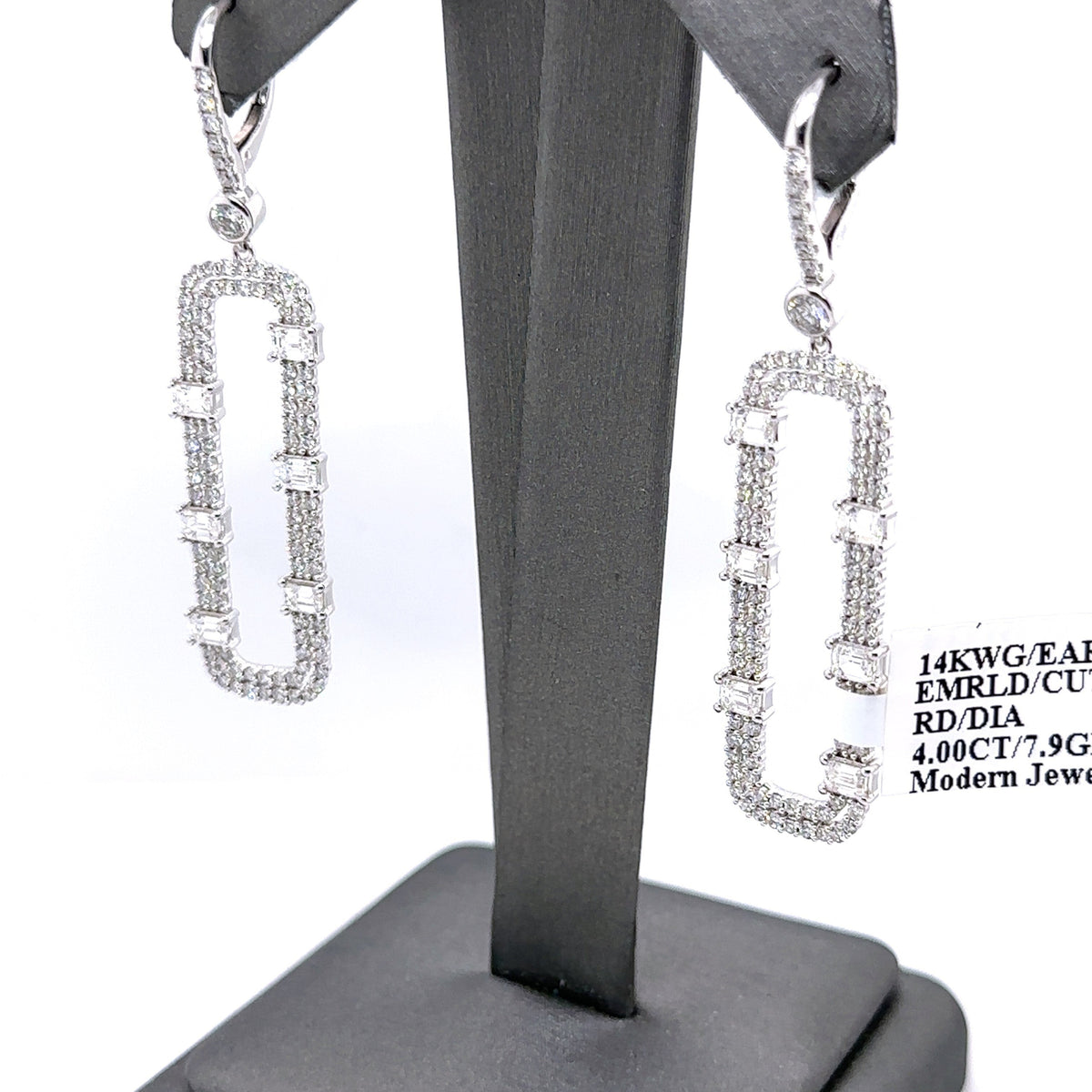 14k White Gold 4.00CT Emerald & Round Cut Diamond Drop Earrings, 7.9g
