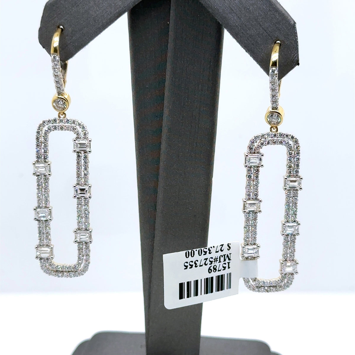 14k Yellow Gold 4.00CT Emerald & Round Cut Diamond Drop Earrings, 7.9g