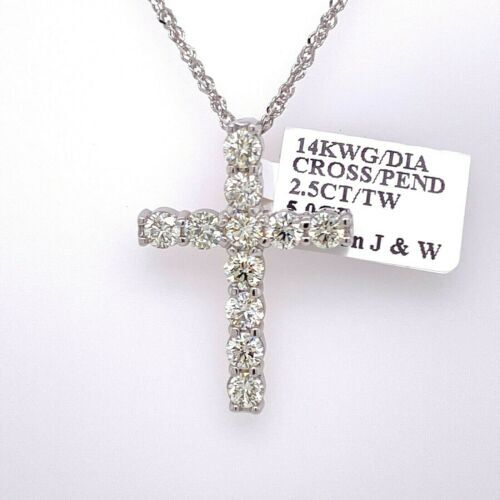 14k White Gold 2.50 CT Diamond Cross Pendant, 5gm