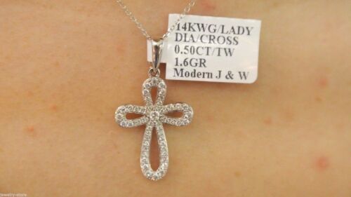 14k White Gold 0.50CT Diamond Ladies Cross Necklace, 16", 1.6gm S102276