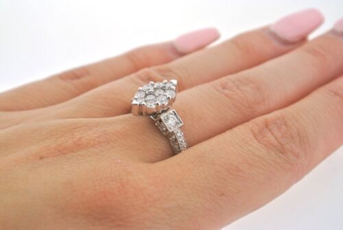 14K WHITE GOLD 1.50CT ROUND/MARQUISE CUT CLUSTER DIAMOND ENGAGEMENT RING