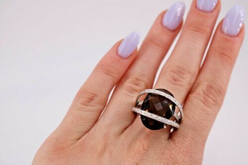14k White Gold Smokey Topaz & Diamond Ladies Ring, 10.5gm