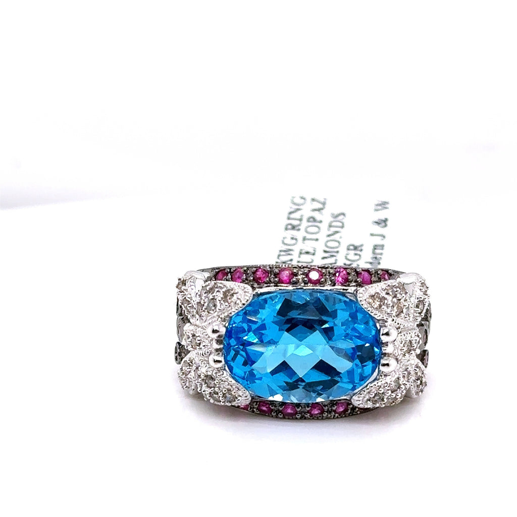 18k White Gold 6.00 CT Blue Topaz & Diamond Ladies Ring, 11.5gm