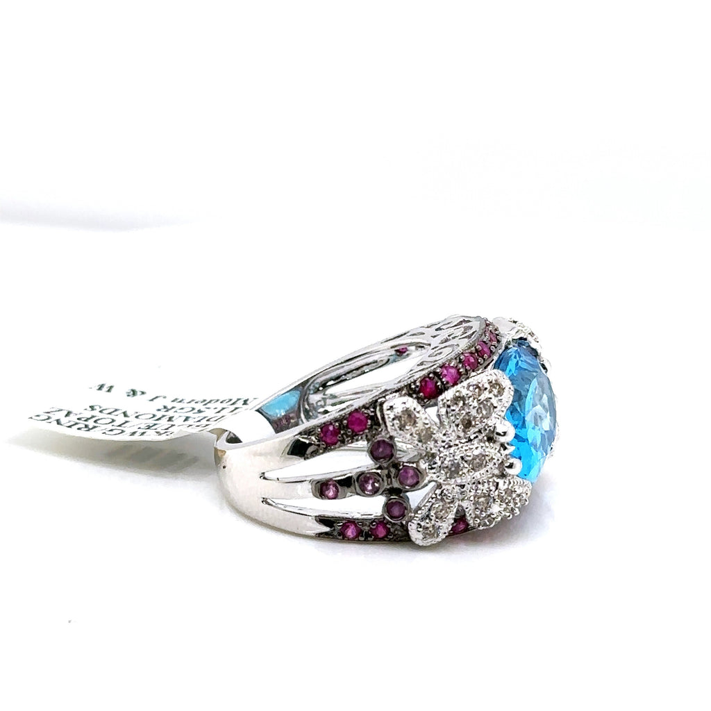 18k White Gold 6.00 CT Blue Topaz & Diamond Ladies Ring, 11.5gm