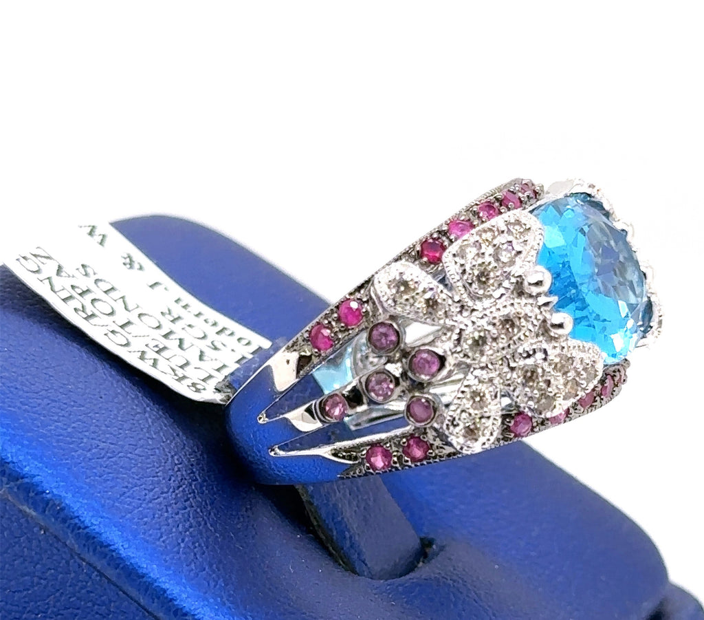 18k White Gold 6.00 CT Blue Topaz & Diamond Ladies Ring, 11.5gm