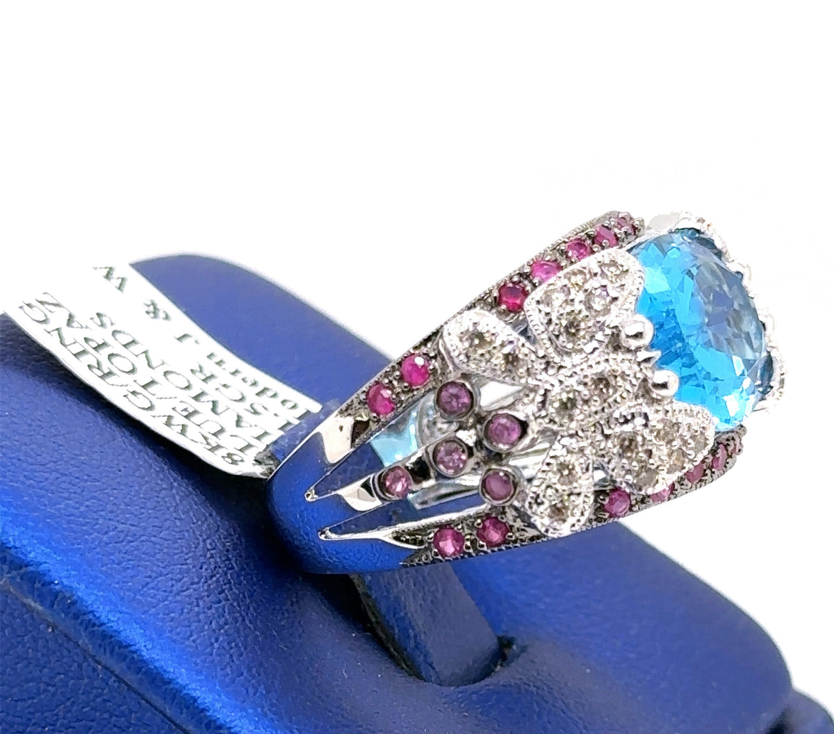 18k White Gold 6.00 CT Blue Topaz & Diamond Ladies Ring, 11.5gm