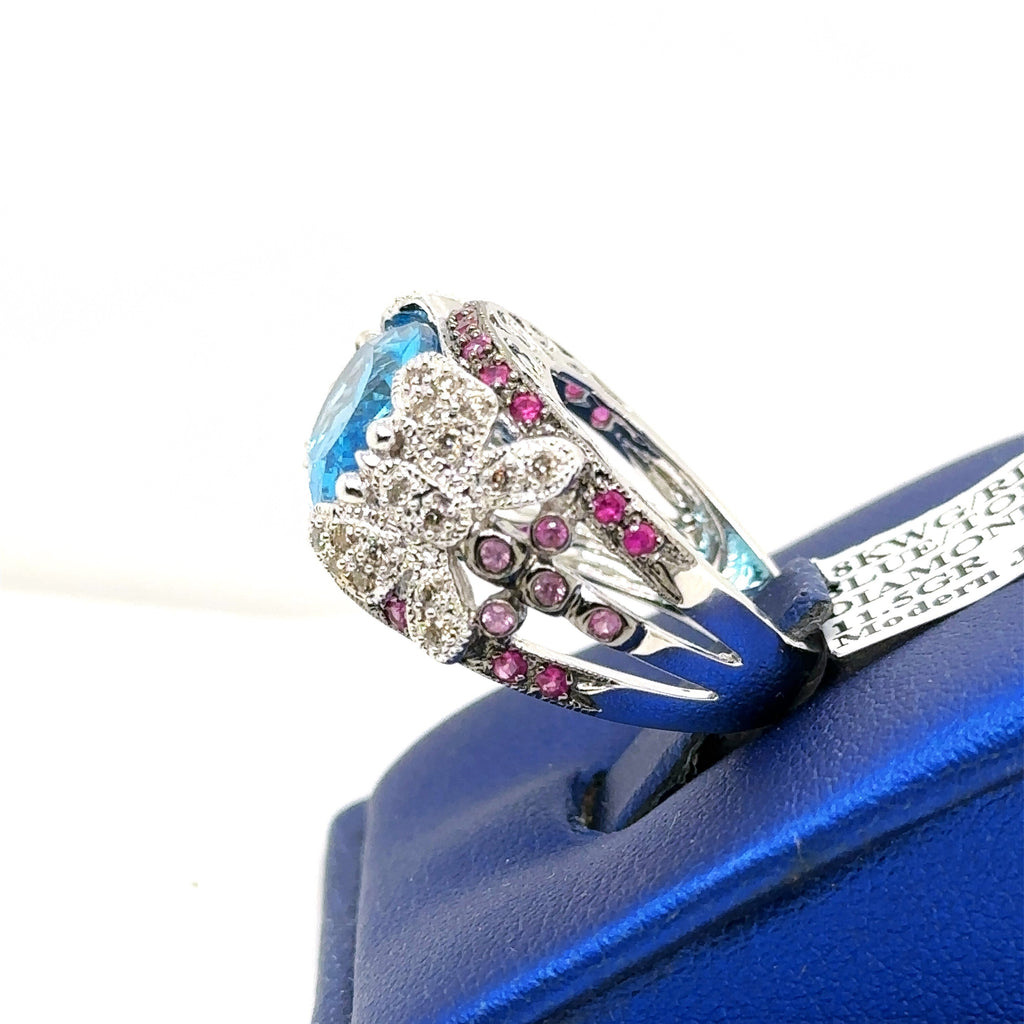 18k White Gold 6.00 CT Blue Topaz & Diamond Ladies Ring, 11.5gm